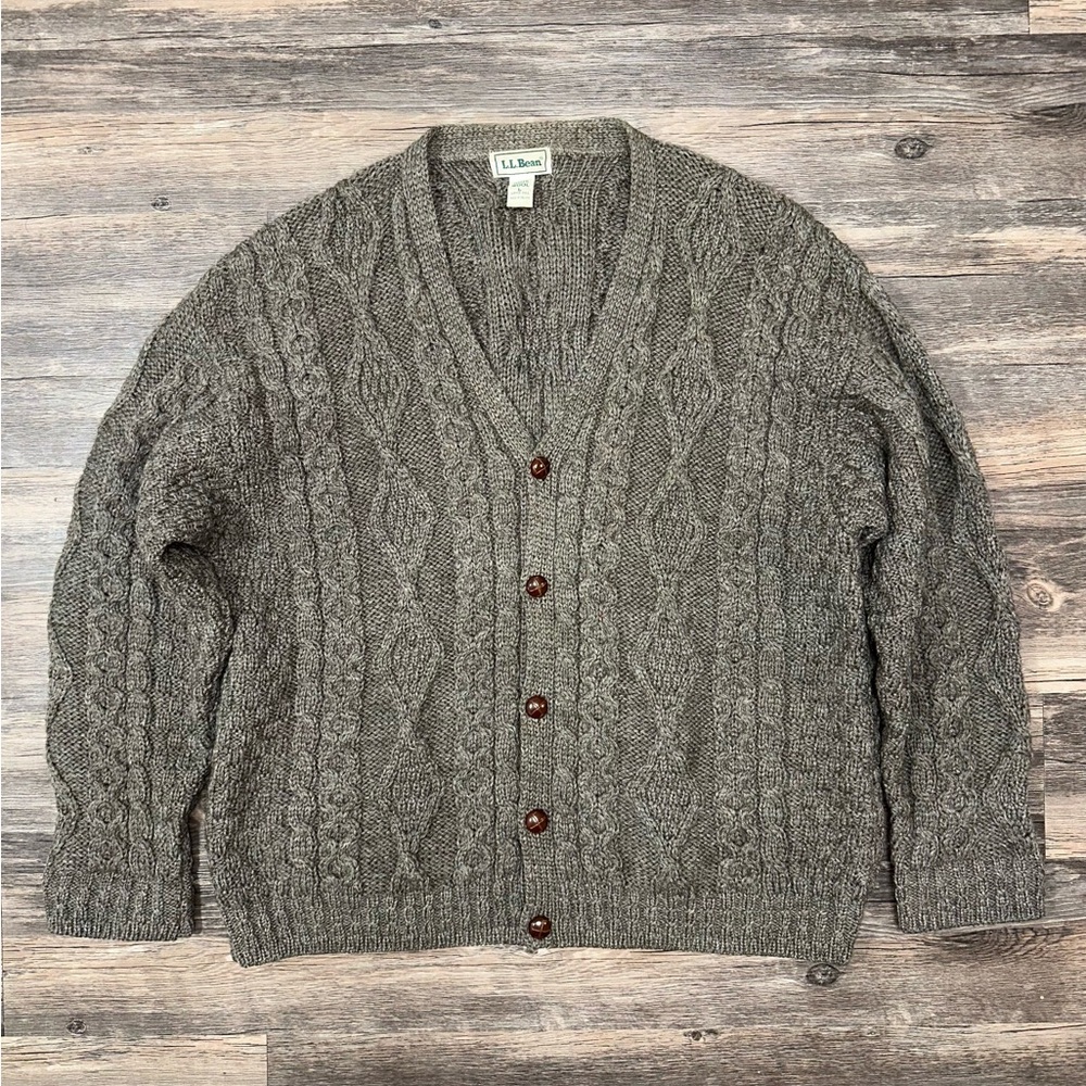 Vintage L.L. Bean 100% Wool Cable-Knit Cardigan Fisherman Brown Sweater Large L